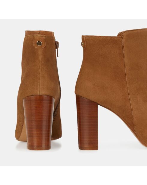 Bottines en Velours de cuir bout en amande camel - Talon 8 cm