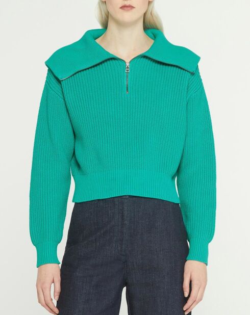 Pull en Grosse maille de Coton Oeko-Tex® Blaise Col zippé vert