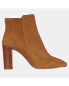 Bottines en Velours de cuir bout en amande camel - Talon 8 cm