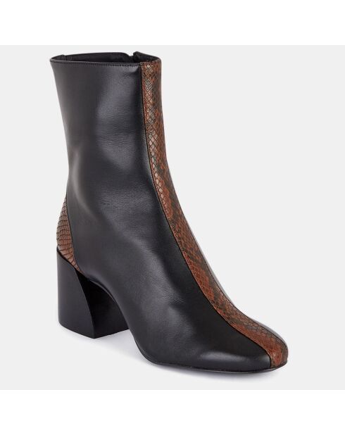 Zwarte leren laarzen van twee materialen - hak van 7 cm