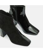 Bottines en Cuir bi-matière à bout carré noires - Talon 9 cm