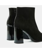 Bottines en Cuir bi-matière à bout carré noires - Talon 9 cm