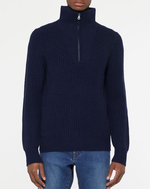 Pull en Laine & Cachemire Notecam col zippé bleu marine