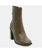 Bottines en Cuir trépointe travaillée kaki - Talon 9 cm