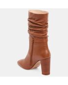 Bottines en Cuir lisse effet plissé cognacs - Talon 9 cm