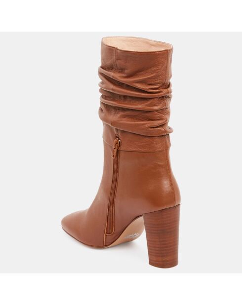 Bottines en Cuir lisse effet plissé cognacs - Talon 9 cm