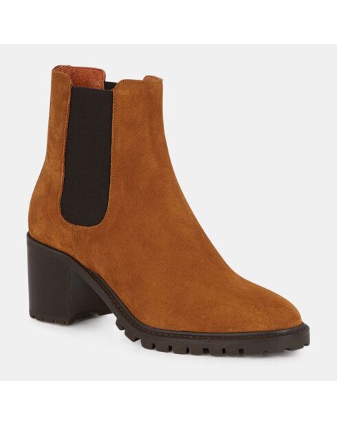 Chelsea Boots en Velours de Cuir à semelle crantée camel - Talon 7 cm