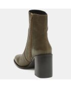 Bottines en Cuir trépointe travaillée kaki - Talon 9 cm