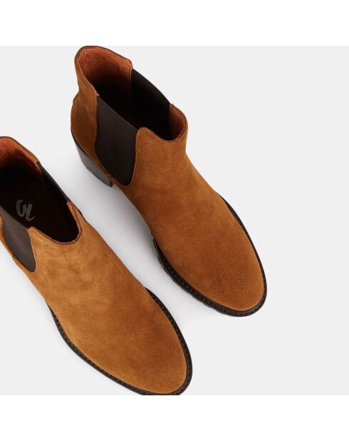 Chelsea Boots en Velours de Cuir à semelle crantée camel - Talon 7 cm