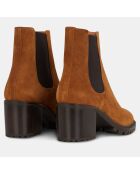 Chelsea Boots en Velours de Cuir à semelle crantée camel - Talon 7 cm