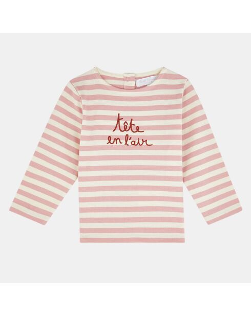 T-Shirt Marinière en Coton certifié Oeko-Tex Aruto blanc/rose