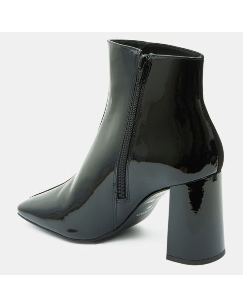 Bottines en Cuir bi-matière à bout carré noires - Talon 9 cm