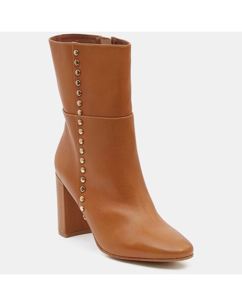 Bottines en Cuir à talon haut et clous camel - Talon 9 cm