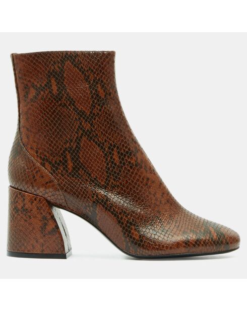 Cognacfarbene Lederstiefel mit Tierdruck - 7,5 cm Absatz