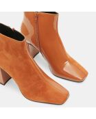 Bottines en Cuir bi-matière à bout carré orange brique - Talon 9 cm