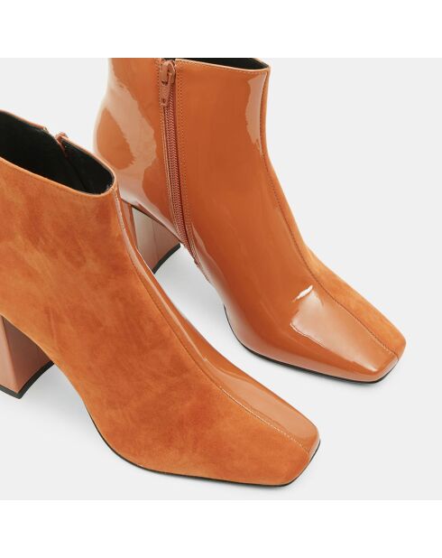 Bottines en Cuir bi-matière à bout carré orange brique - Talon 9 cm