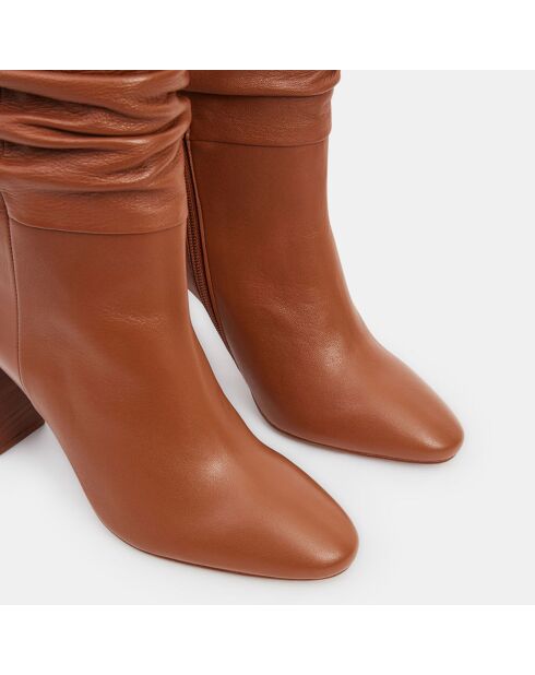 Bottines en Cuir lisse effet plissé cognacs - Talon 9 cm