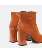 Bottines en Cuir bi-matière à bout carré orange brique - Talon 9 cm