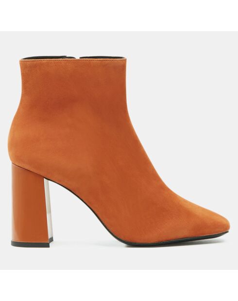 Bottines en Cuir bi-matière à bout carré orange brique - Talon 9 cm