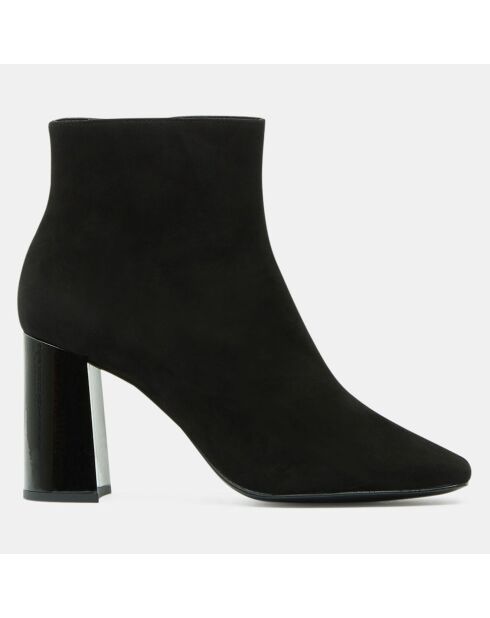 Bottines en Cuir bi-matière à bout carré noires - Talon 9 cm