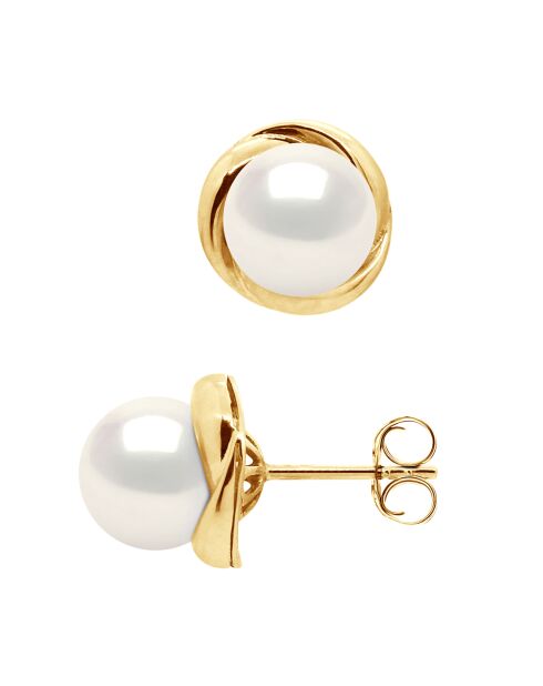 Geelgouden en witte parelmoer gekweekte zoetwaterpareloorbellen