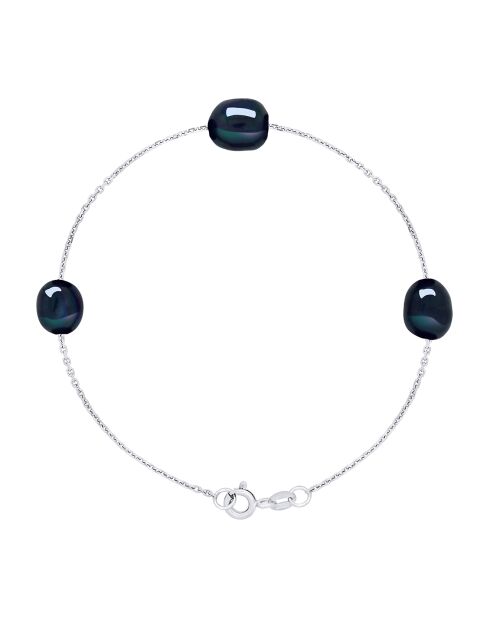 Zwarte armband met gekweekte parels van Tahiti in zilver en zoet water