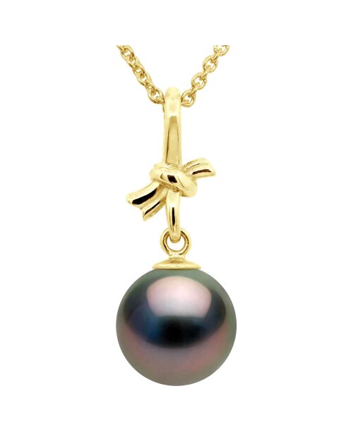 Tahiti-Zuchtperlenanhänger aus Gelbgold mit Schleife und Regenbogen