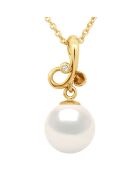 Halskette aus Gelbgold mit drei Knoten, Diamanten und weißen Perlen, Süßwasserperlen