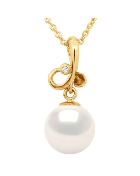 Halskette aus Gelbgold mit drei Knoten, Diamanten und weißen Perlen, Süßwasserperlen