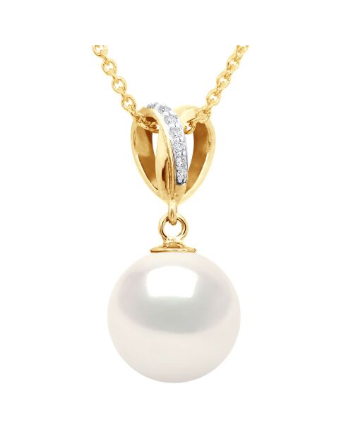 Doppelknotenanhänger aus Gelbgold, Diamanten und Perlmutt, Süßwasser-Zuchtperle