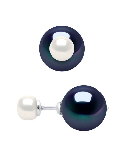 Zweiseitige Ohrringe aus Silber und Süßwasser-Zuchtperlen, schwarze Tahiti/weiße Perle