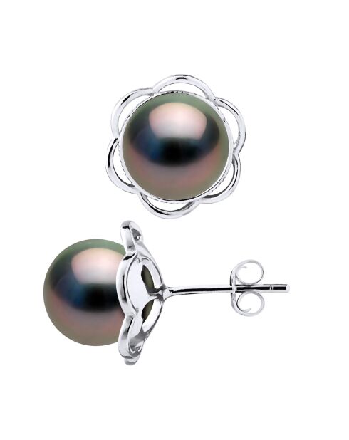 Rainbow Tahitiaanse gekweekte oorbellen met parels en zilveren bloemen