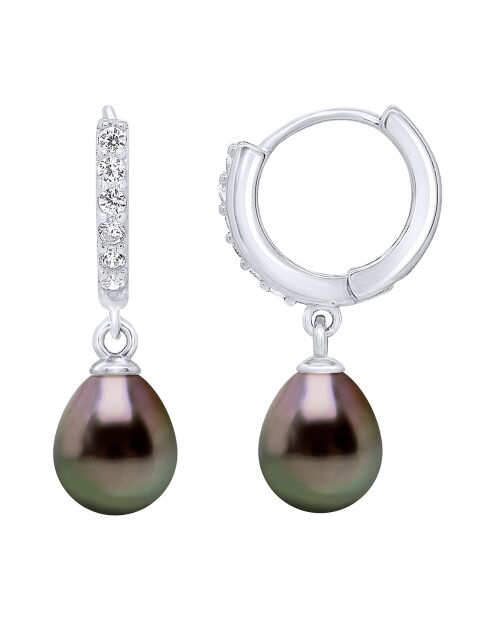 Boucles d'oreilles Créoles en Argent & Perles de Culture de Tahiti arc-en-ciel