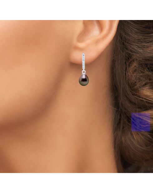 Boucles d'oreilles Créoles en Argent & Perles de Culture de Tahiti arc-en-ciel
