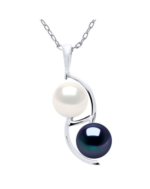 Zwarte Tahiti/witte parelmoer zilveren duoketting met gekweekte zoetwaterparels