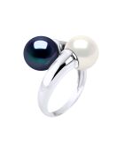 Bague Toi & Moi Volume en Argent & Perles de Culture d'Eau Douce blanc nacre/black tahiti