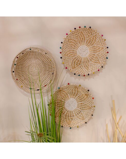 Cestino rotondo Milos beige in alghe marine e perline di legno - 40x5 cm