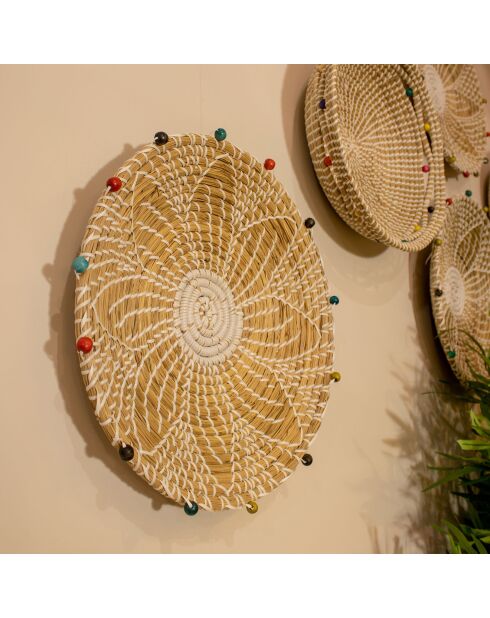 Cestino rotondo Milos beige in alghe marine e perline di legno - 40x5 cm