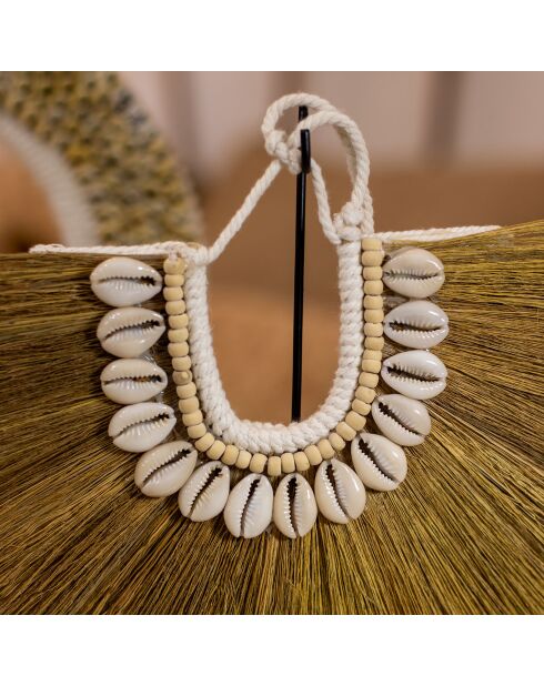 Collier en mendong et coquillages sur socle en métal kim beige/noir - H.33 cm