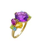 Ring in verschiedenen Farben: Amethyst 3,8 ct, Citrin 0,41 ct, Citrin 0,41 ct, Peridot 0,37 ct, Rhodolith 0,46 ct und Schweizer Blautopas 0,58 ct Gelbgoldring