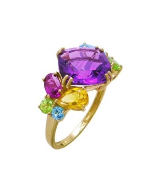 Ring in verschiedenen Farben: Amethyst 3,8 ct, Citrin 0,41 ct, Citrin 0,41 ct, Peridot 0,37 ct, Rhodolith 0,46 ct und Schweizer Blautopas 0,58 ct Gelbgoldring