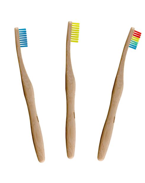 3 Brosses à dents en bambou bleu/arc-en-ciel/jaune