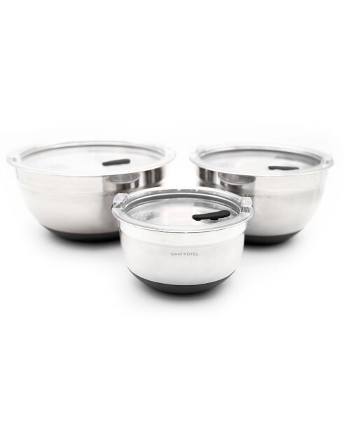 3 Bols inox avec couvercle hermétique inox/noirs