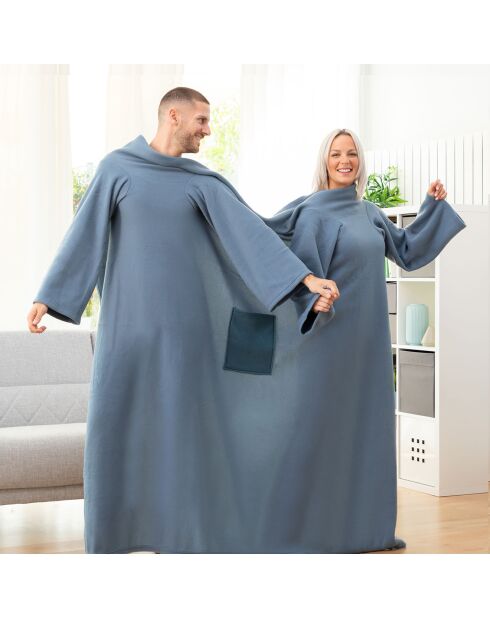 Coperta Doublanket blu a doppia manica con tasca centrale