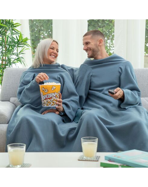 Coperta Doublanket blu a doppia manica con tasca centrale