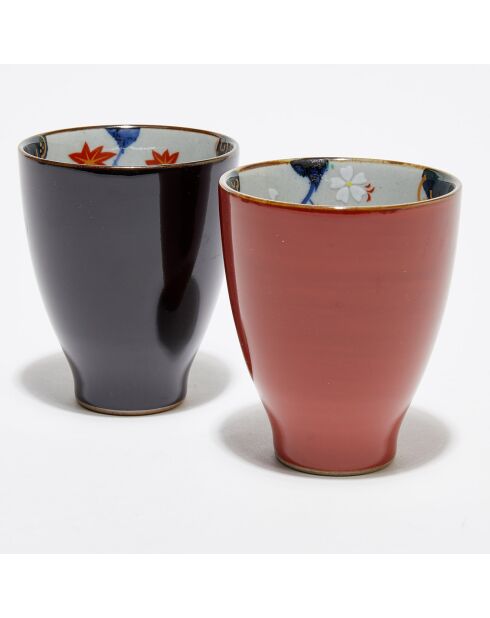 2 Verres à thé en faïence rouge/noir - D.7.5 cm