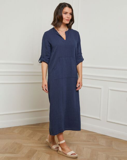 Marineblaues Kleid Sarah aus 100% Leinen