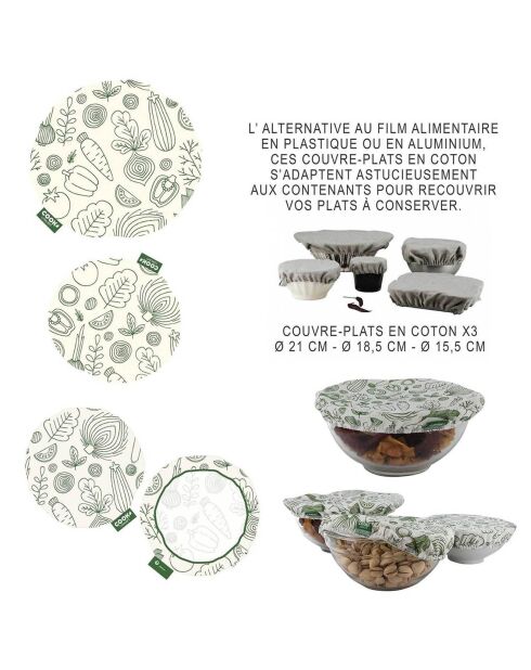 3 Couvercles en tissu reutilisable blanc/vert - D.21 cm