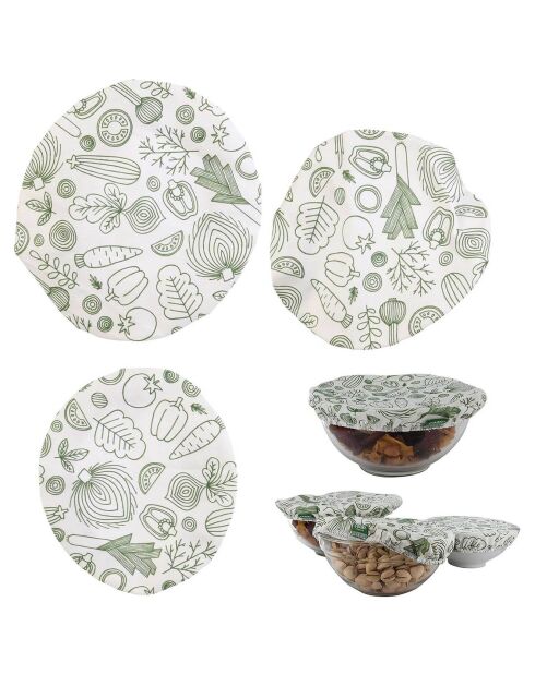 3 Couvercles en tissu reutilisable blanc/vert - D.21 cm