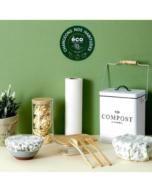 3 Couvercles en tissu reutilisable blanc/vert - D.21 cm